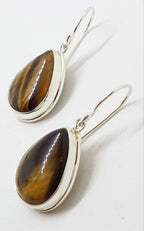 Sterling Silver Pear Shape Teardrop Large Bezel Set Tiger Eye Drop Earrings