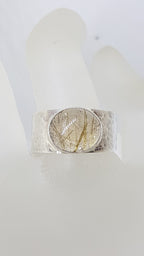 Sterling Silver Oval Rutilated Quartz Wide Beaten Pattern Band Ring - Gents / Ladies