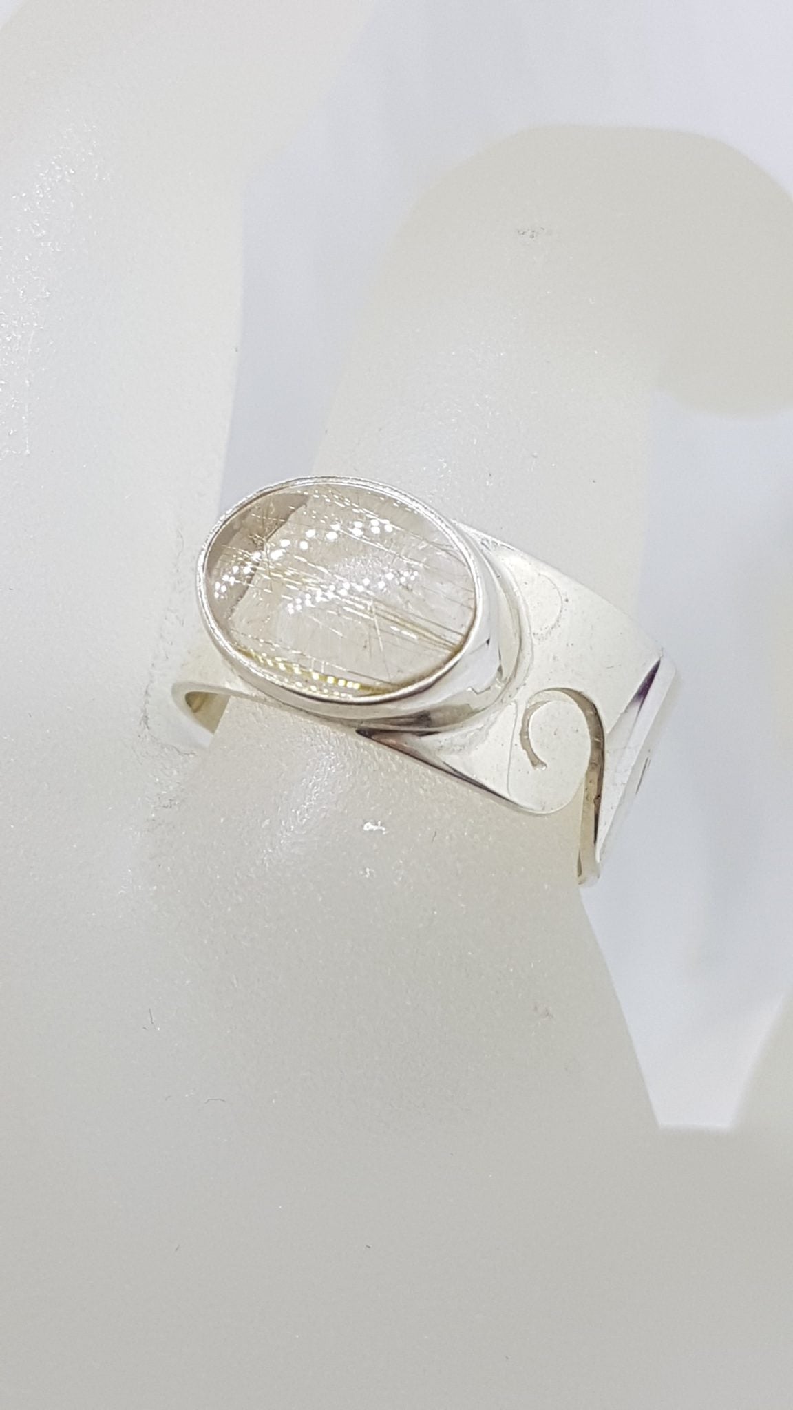 Sterling Silver Oval Rutilated Quartz Wide Wave Pattern Band Ring - Gents / Ladies