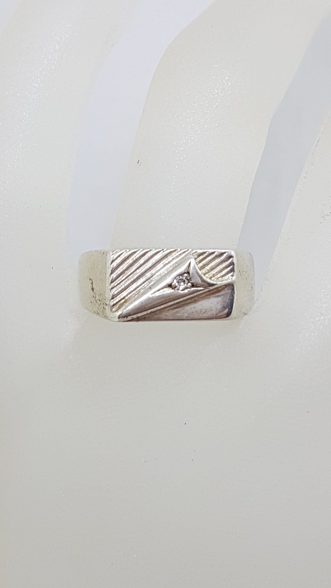 Sterling Silver Rectangular Patterned Cubic Zirconia Gents Ring - Vintage