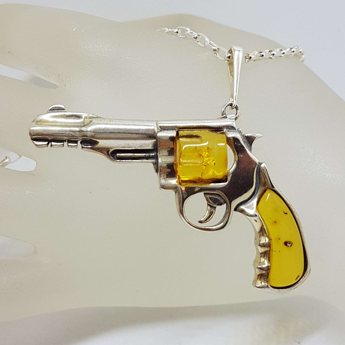 Sterling Silver Large Natural Baltic Amber Gun / Revolver / Pistol Pendant on Long Silver Chain - Light Colour