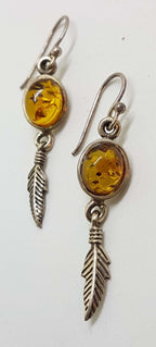 Sterling Silver Natural Baltic Amber Long Feather Drop Earrings