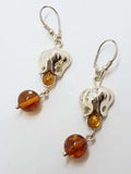 Sterling Silver Natural Baltic Amber Long Drop Earrings – Fuchsia / Flower
