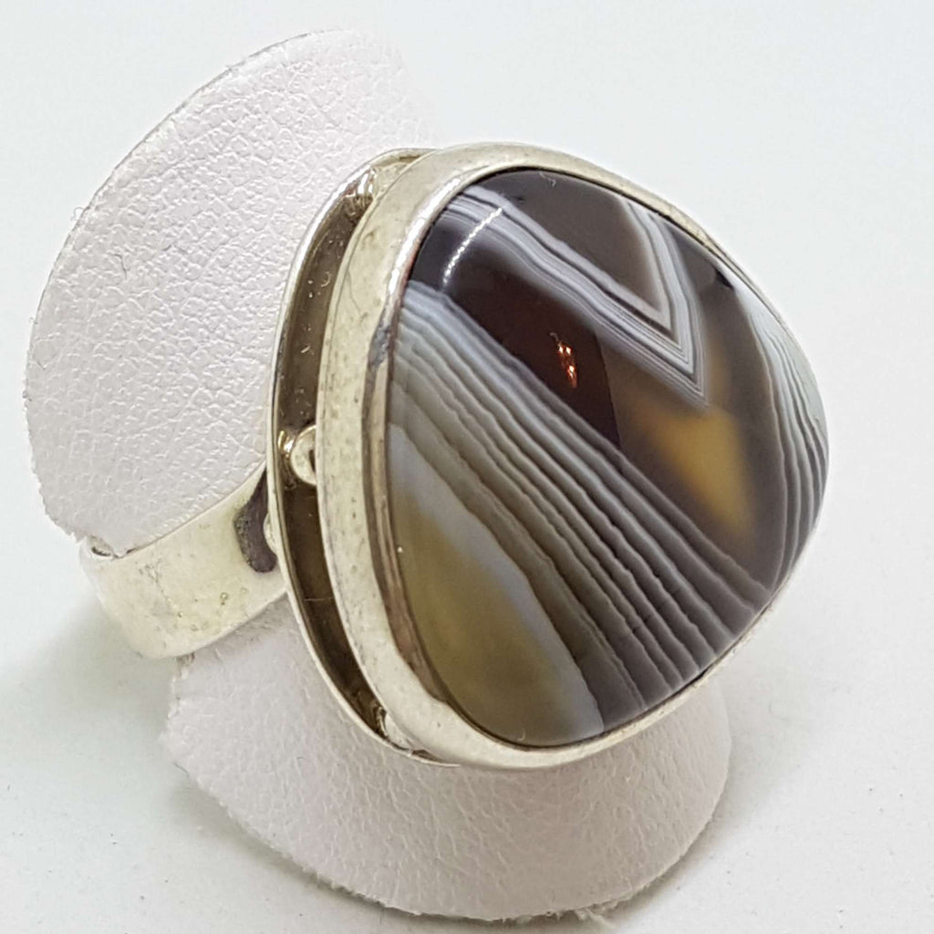 Sterling Silver Large Triangular Shape Bezel Set Agate Ring