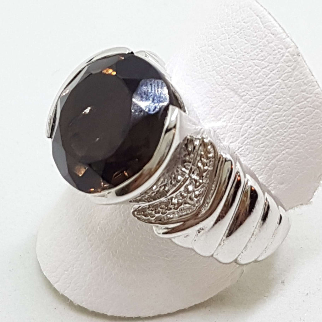 Sterling Silver Large Round Smokey Quartz and Cubic Zirconia Ring