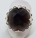 Sterling Silver Large Round Ornate Filigree Claw Set Smokey Quartz Ring
