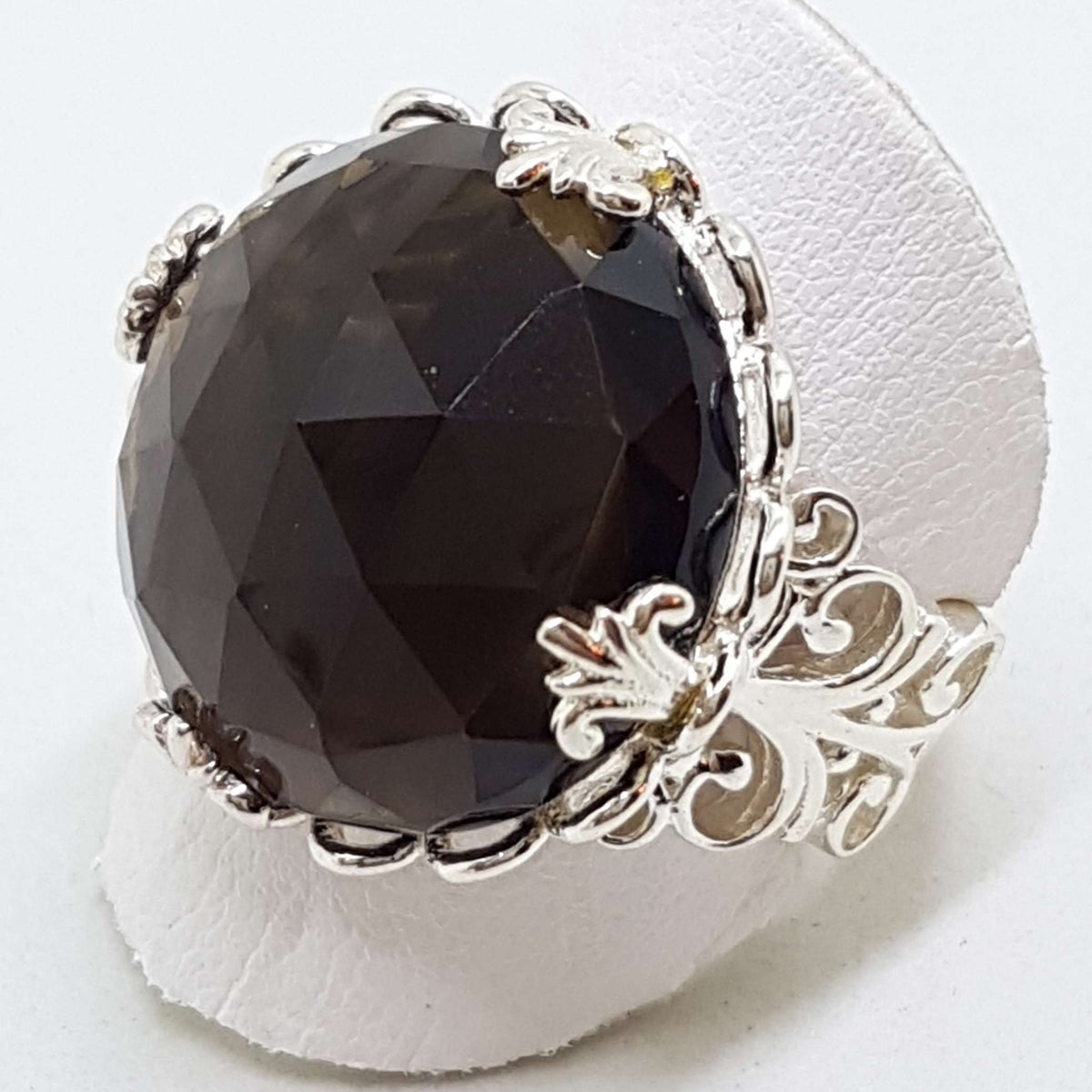 Sterling Silver Large Round Ornate Filigree Claw Set Smokey Quartz Ring