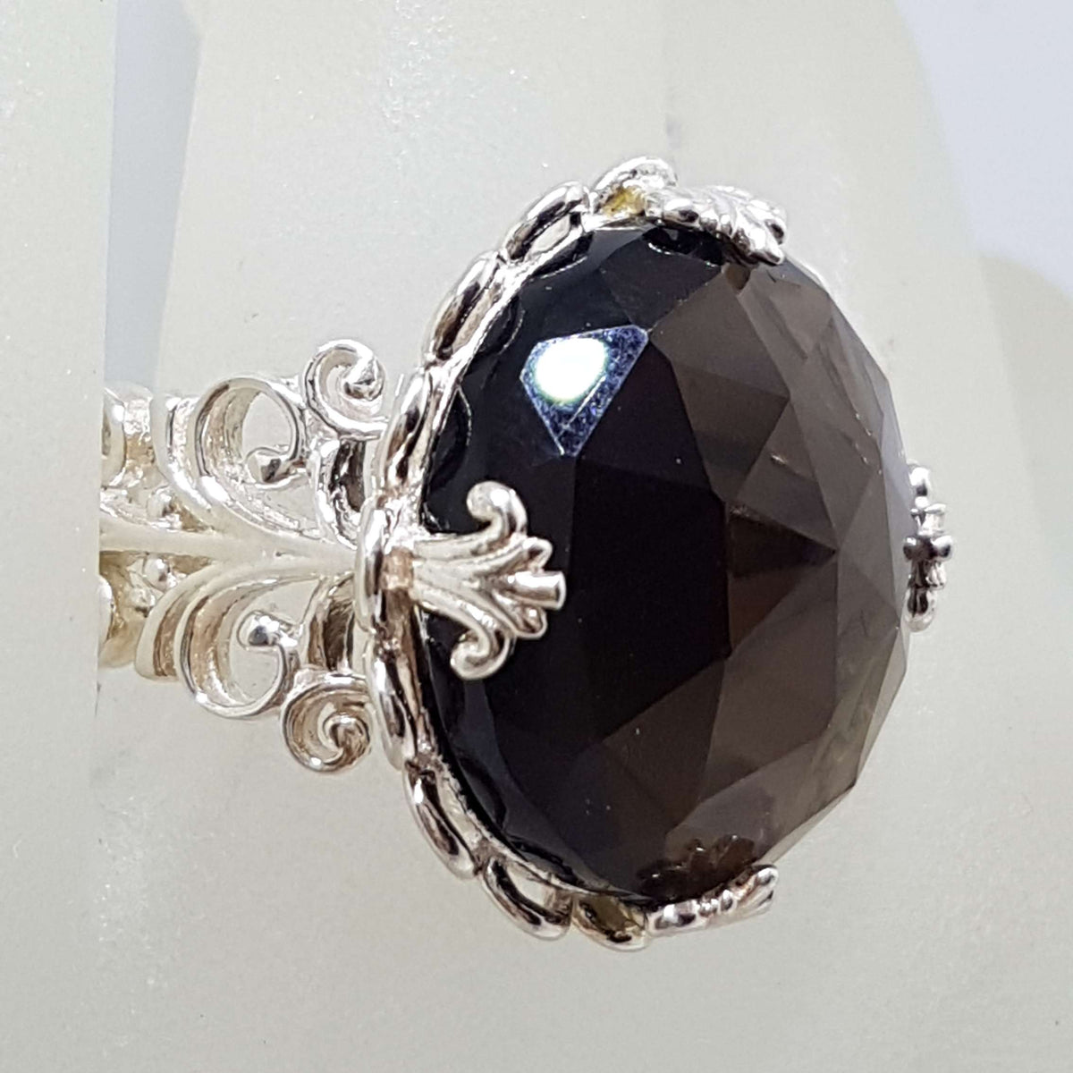 Sterling Silver Large Round Ornate Filigree Claw Set Smokey Quartz Ring