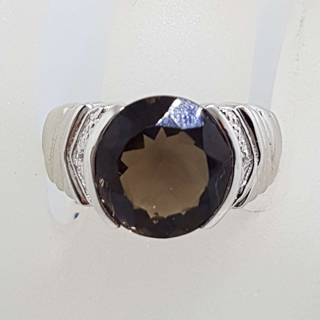 Sterling Silver Large Round Smokey Quartz and Cubic Zirconia Ring