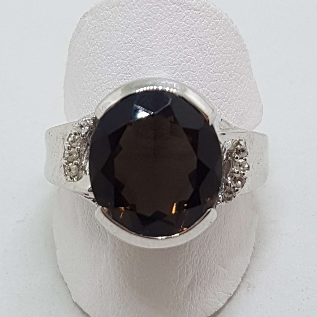 Sterling Silver Large Round Smokey Quartz and Cubic Zirconia Ring