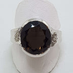 Sterling Silver Large Round Smokey Quartz and Cubic Zirconia Ring