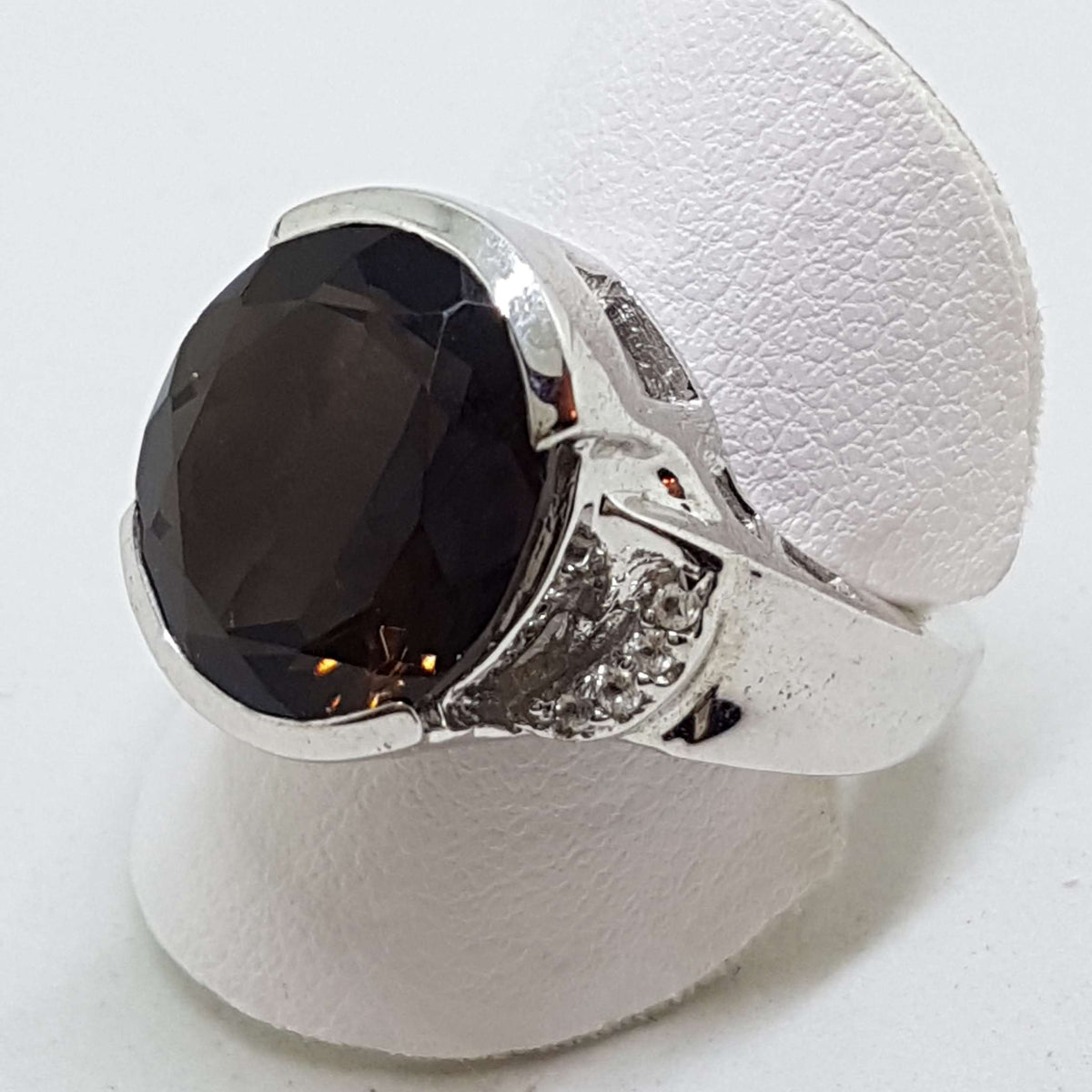 Sterling Silver Large Round Smokey Quartz and Cubic Zirconia Ring