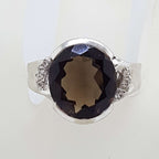 Sterling Silver Large Round Smokey Quartz and Cubic Zirconia Ring
