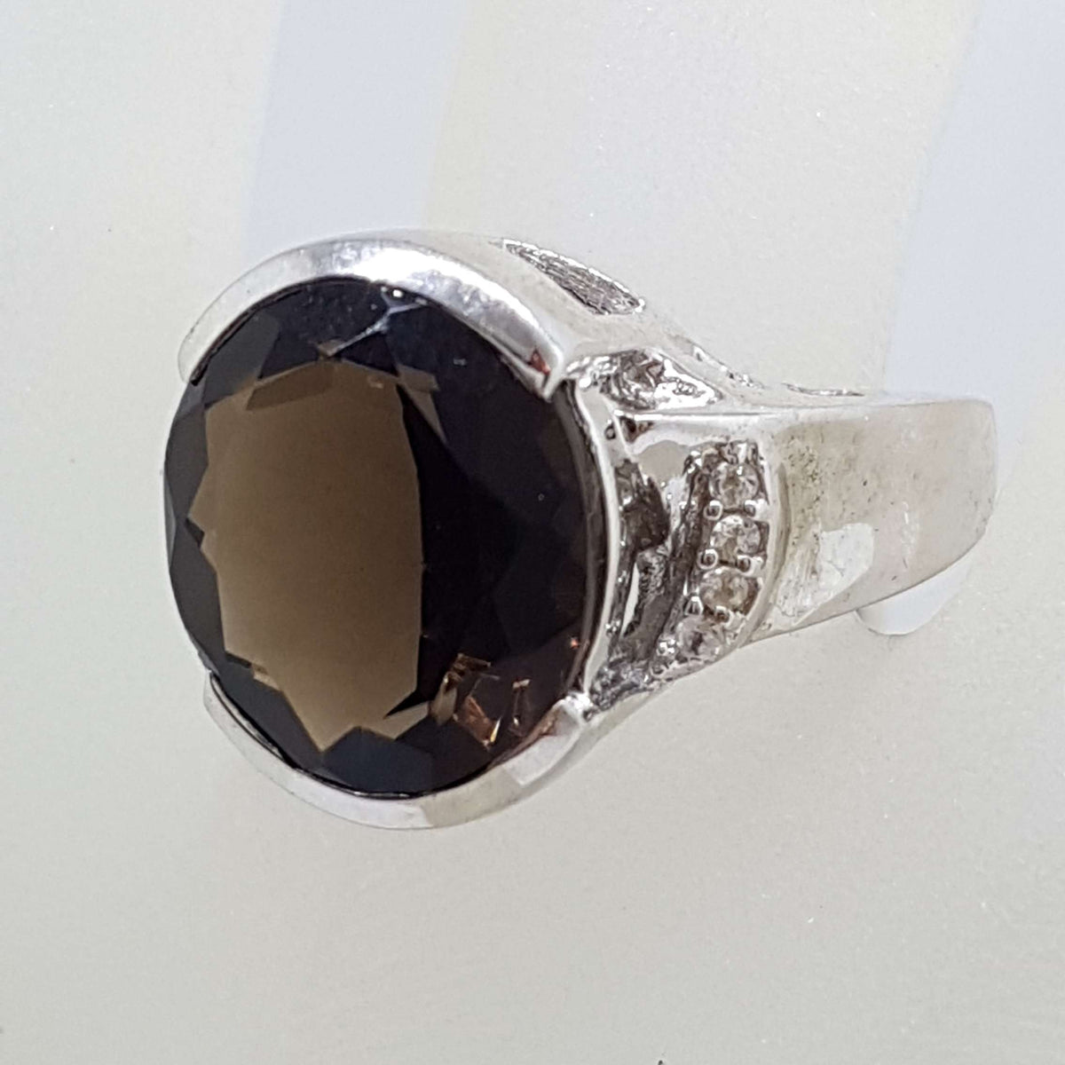 Sterling Silver Large Round Smokey Quartz and Cubic Zirconia Ring
