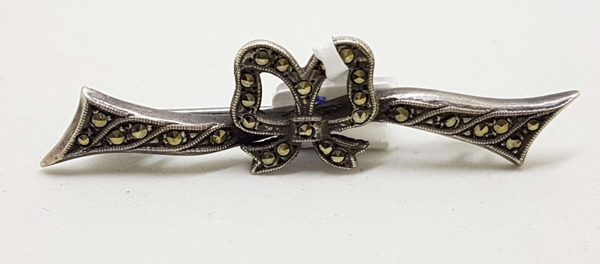 Sterling Silver Vintage Marcasite Brooch - Bow on Bar