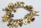 9ct Yellow Gold Heavy and Solid Curb Link Charm Bracelet with Heart Padlock - Including Enamel Charms - Antique / Vintage