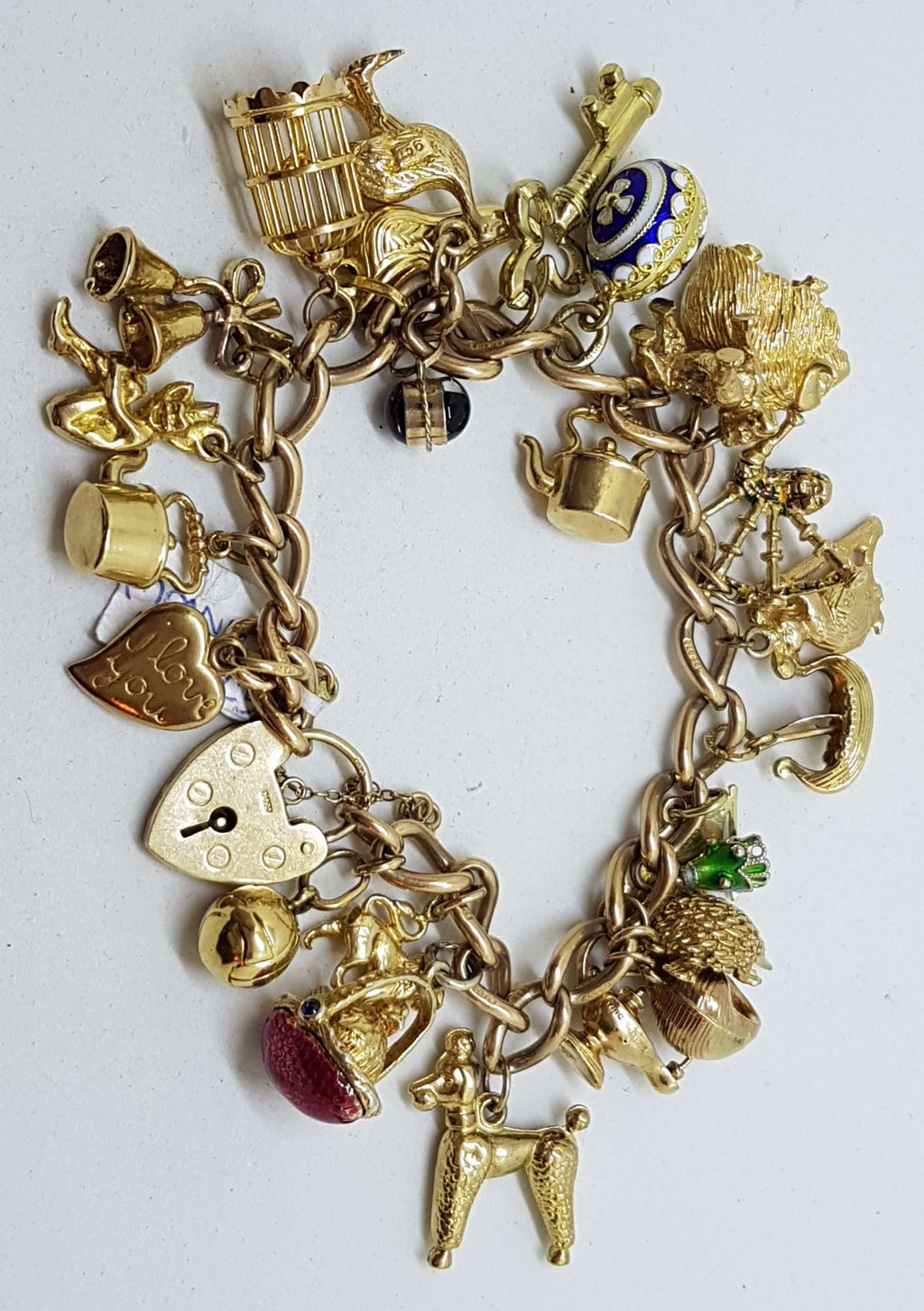 9ct Yellow Gold Heavy and Solid Curb Link Charm Bracelet with Heart Padlock - Including Enamel Charms - Antique / Vintage
