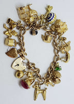 9ct Yellow Gold Heavy and Solid Curb Link Charm Bracelet with Heart Padlock - Including Enamel Charms - Antique / Vintage