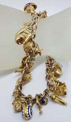 9ct Yellow Gold Heavy and Solid Curb Link Charm Bracelet with Heart Padlock - Including Enamel Charms - Antique / Vintage