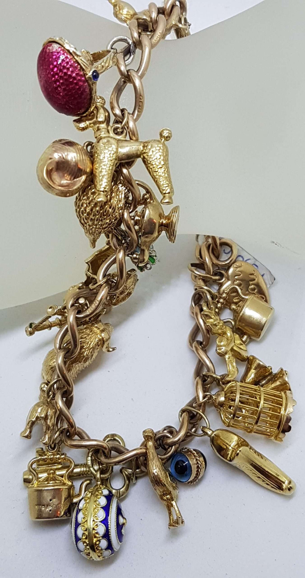 9ct Yellow Gold Heavy and Solid Curb Link Charm Bracelet with Heart Padlock - Including Enamel Charms - Antique / Vintage