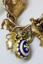 9ct Yellow Gold Heavy and Solid Curb Link Charm Bracelet with Heart Padlock - Including Enamel Charms - Antique / Vintage