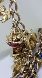 9ct Yellow Gold Heavy and Solid Curb Link Charm Bracelet with Heart Padlock - Including Enamel Charms - Antique / Vintage