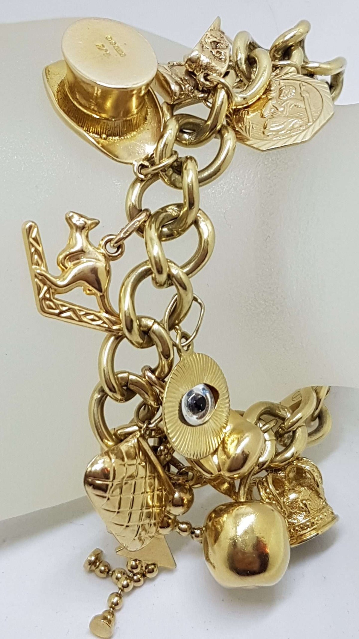 9ct Yellow Gold Heavy and Solid Curb Link Charm Bracelet with Heart Padlock - Antique / Vintage