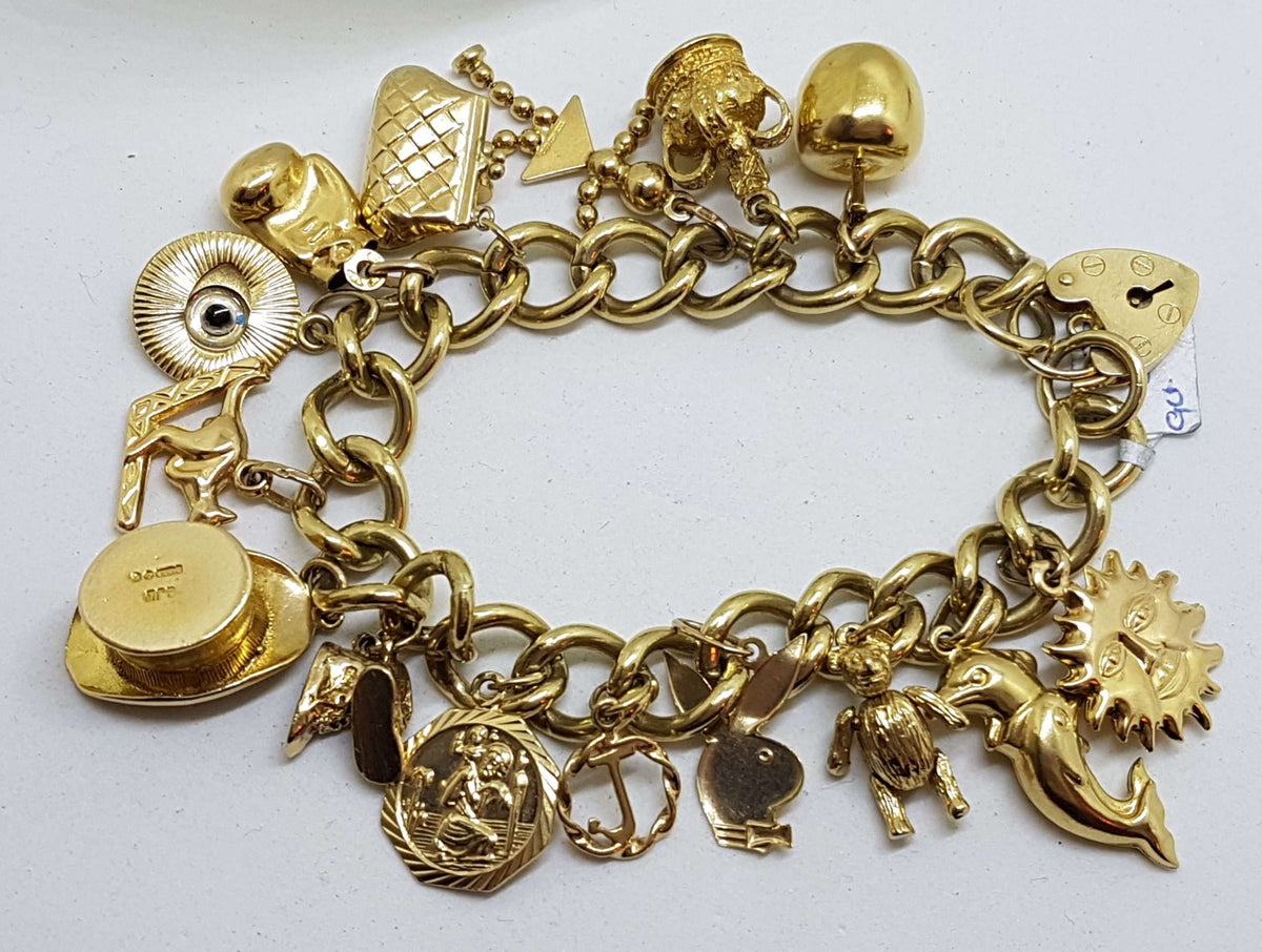 9ct Yellow Gold Heavy and Solid Curb Link Charm Bracelet with Heart Padlock - Antique / Vintage