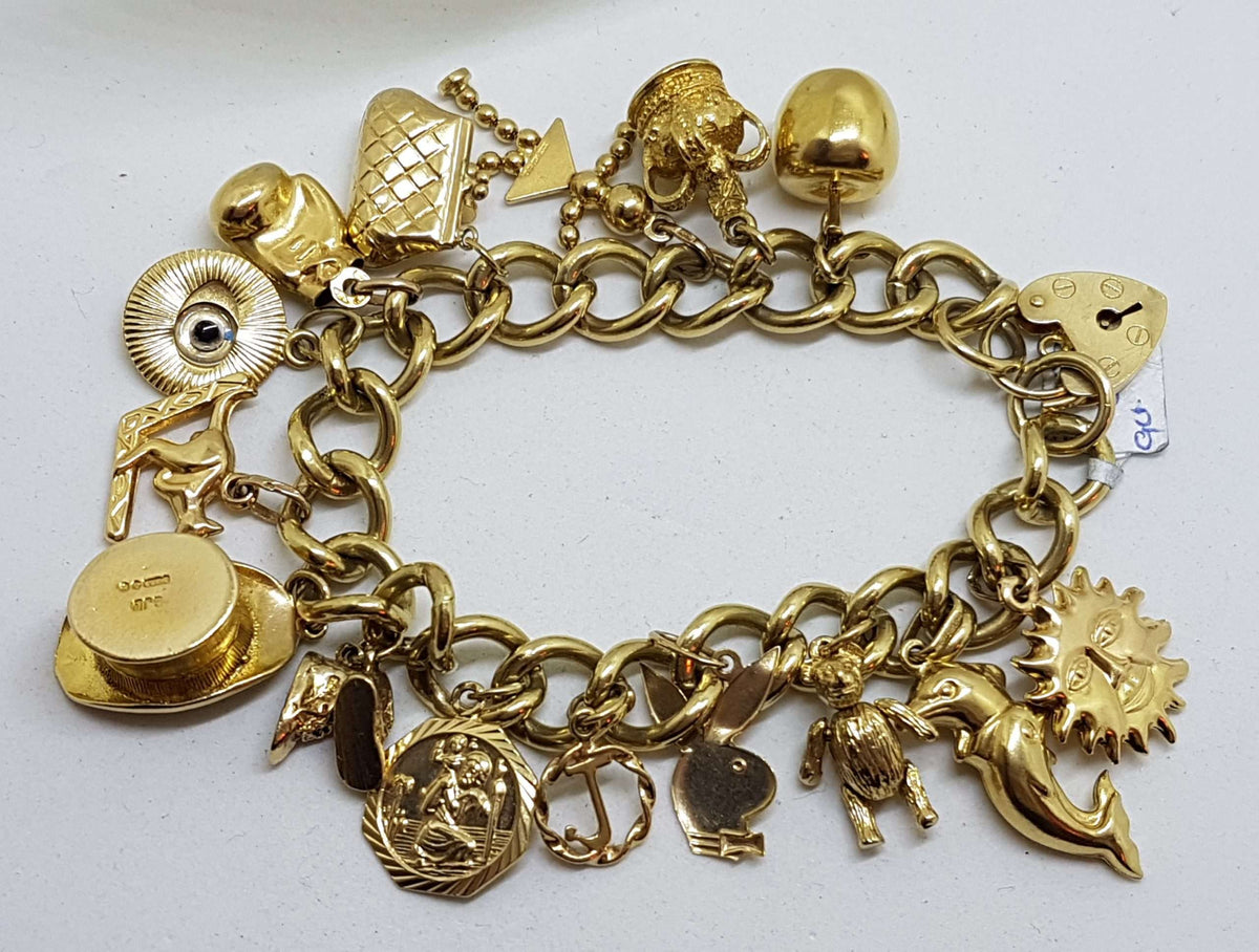 9ct Yellow Gold Heavy and Solid Curb Link Charm Bracelet with Heart Padlock - Antique / Vintage