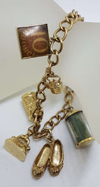 9ct Yellow Gold Charm Bracelet with Heart Padlock - Includes Bank Note Charms - Antique / Vintage