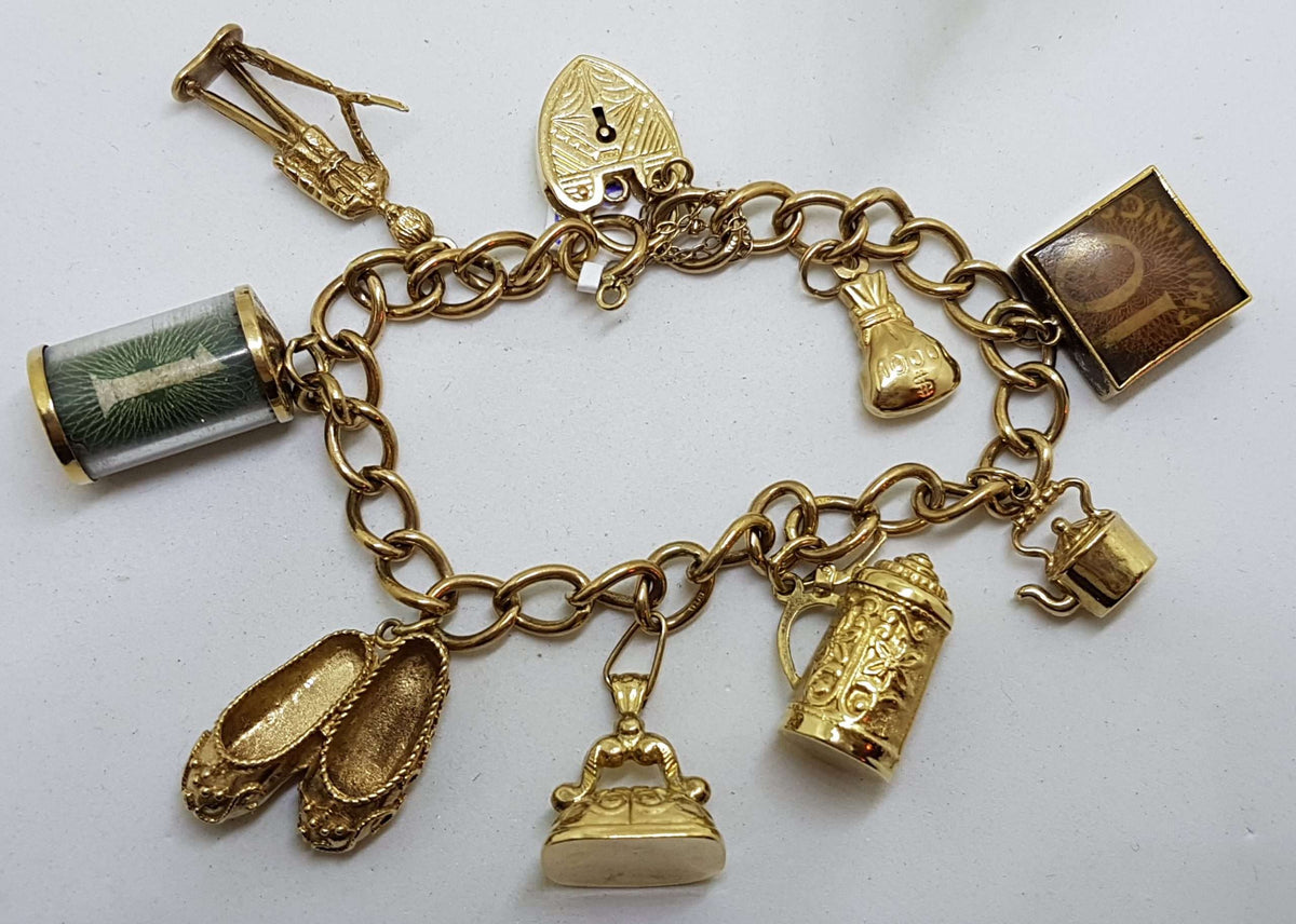 9ct Yellow Gold Charm Bracelet with Heart Padlock - Includes Bank Note Charms - Antique / Vintage