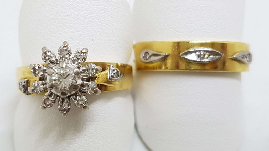 18ct Yellow Gold and Platinum Diamond Daisy Flower Cluster Engagement &amp; Wedding Ring Set - Antique / Vintage