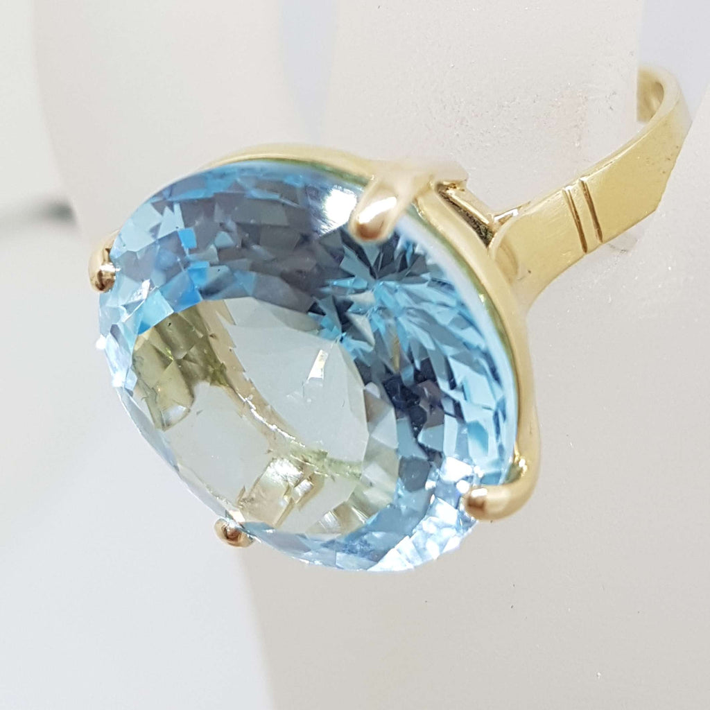 9ct Yellow Gold Large Light Blue Topaz Round Cocktail Ring