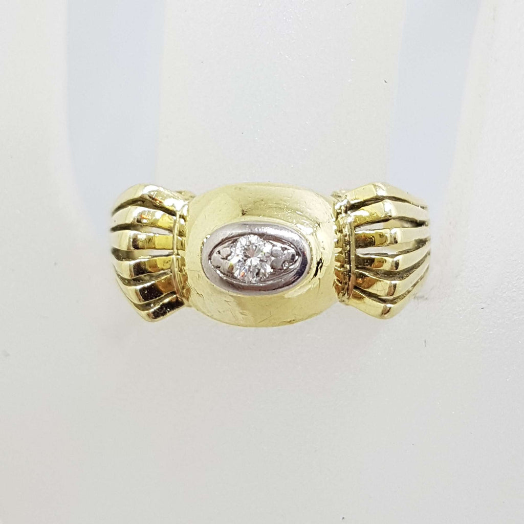 14ct Yellow Gold Solitaire Diamond in Bow Shape Ring - Antique / Vintage