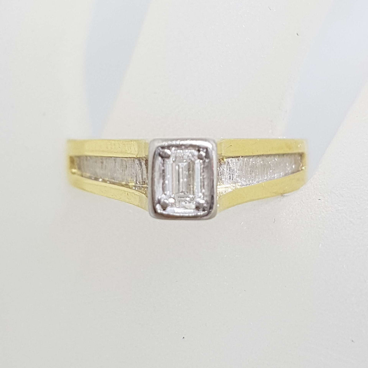 18ct Yellow Gold & Platinum High Set Baguette Solitaire Diamond Ring - Antique / Vintage