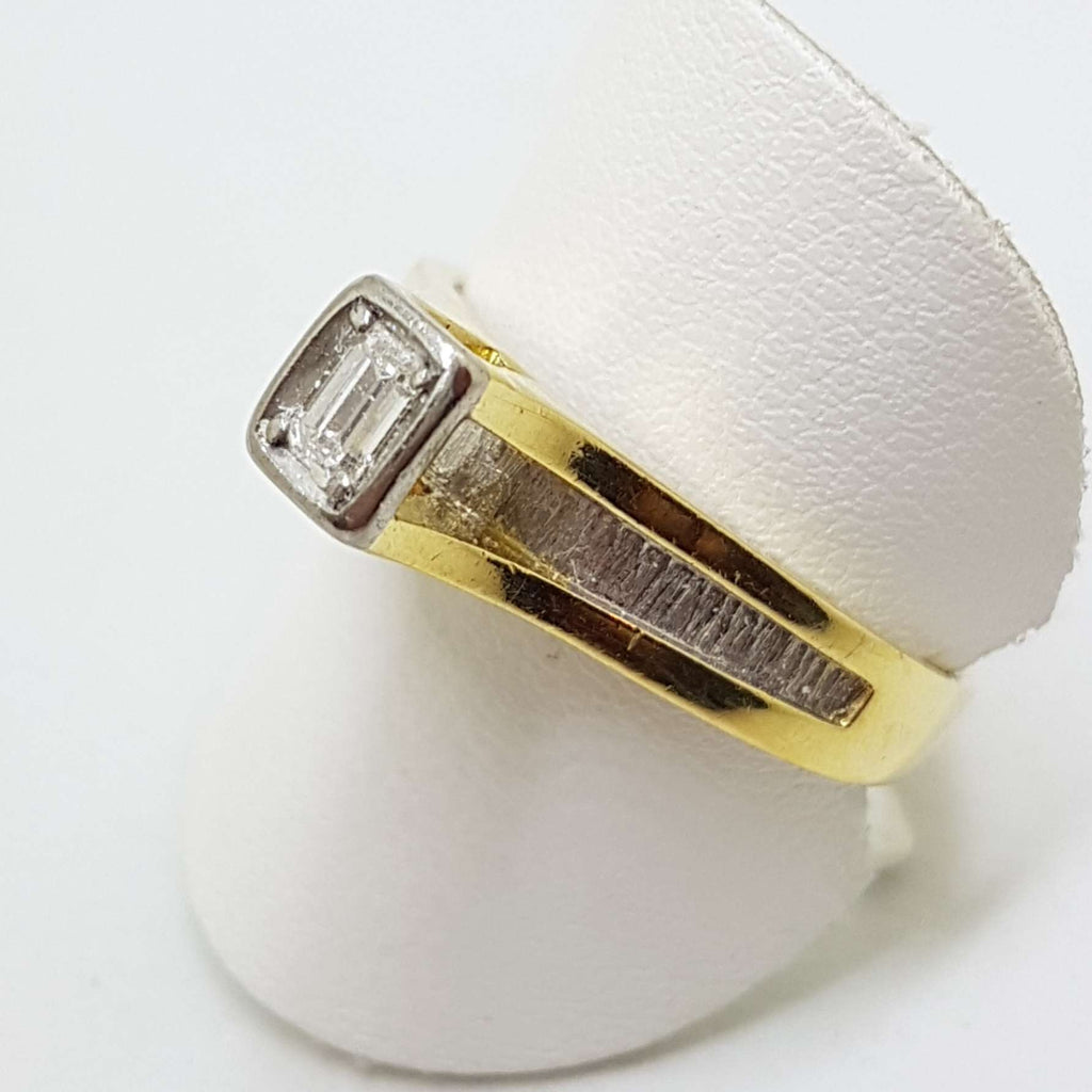 18ct Yellow Gold & Platinum High Set Baguette Solitaire Diamond Ring - Antique / Vintage