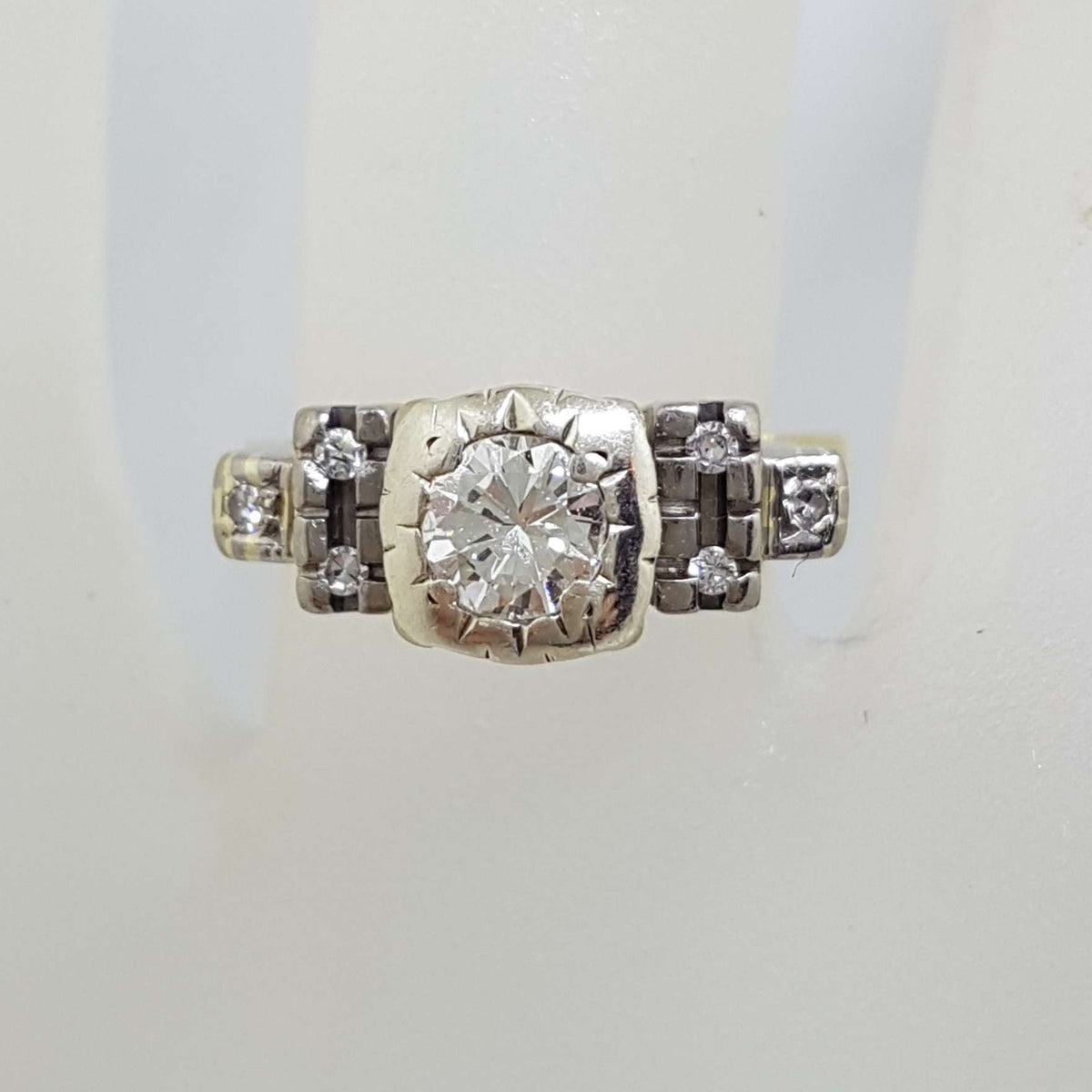 18ct Yellow Gold & Platinum High Set Diamond Engagement / Dress Ring - Antique / Vintage