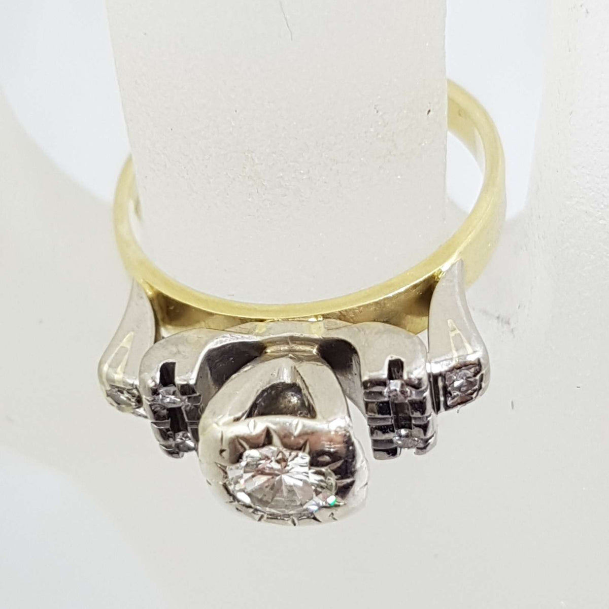 18ct Yellow Gold & Platinum High Set Diamond Engagement / Dress Ring - Antique / Vintage
