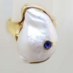 14ct Yellow Gold Large Baroque Pearl with Sapphire Ring - Handmade