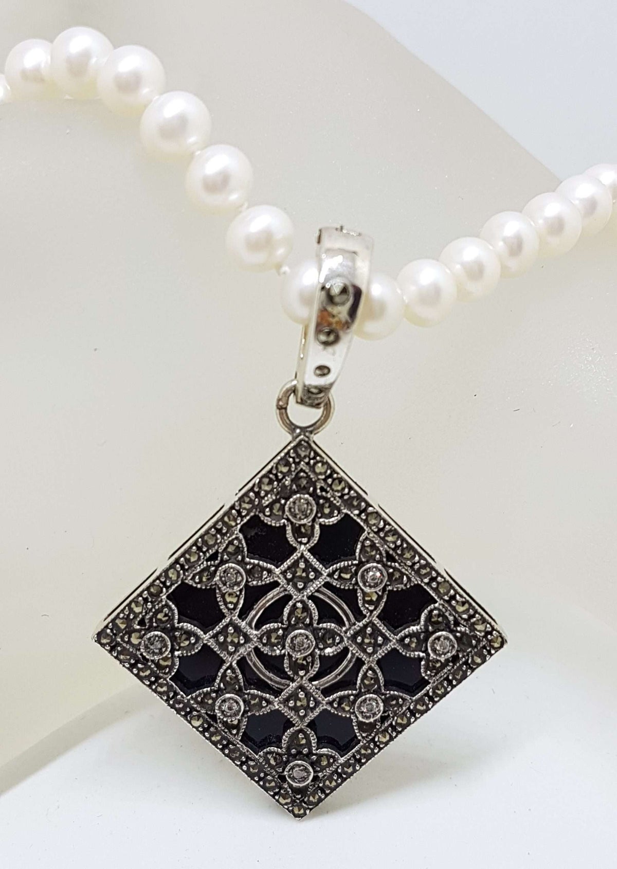 Sterling Silver Marcasite, Cubic Zirconia &amp; Onyx Large Ornate Square Enhancer Pendant on Pearl Chain