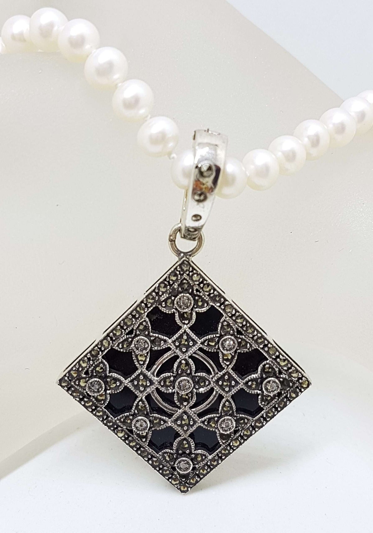 Sterling Silver Marcasite, Cubic Zirconia &amp; Onyx Large Ornate Square Enhancer Pendant on Pearl Chain