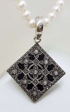 Sterling Silver Marcasite, Cubic Zirconia &amp; Onyx Large Ornate Square Enhancer Pendant on Pearl Chain
