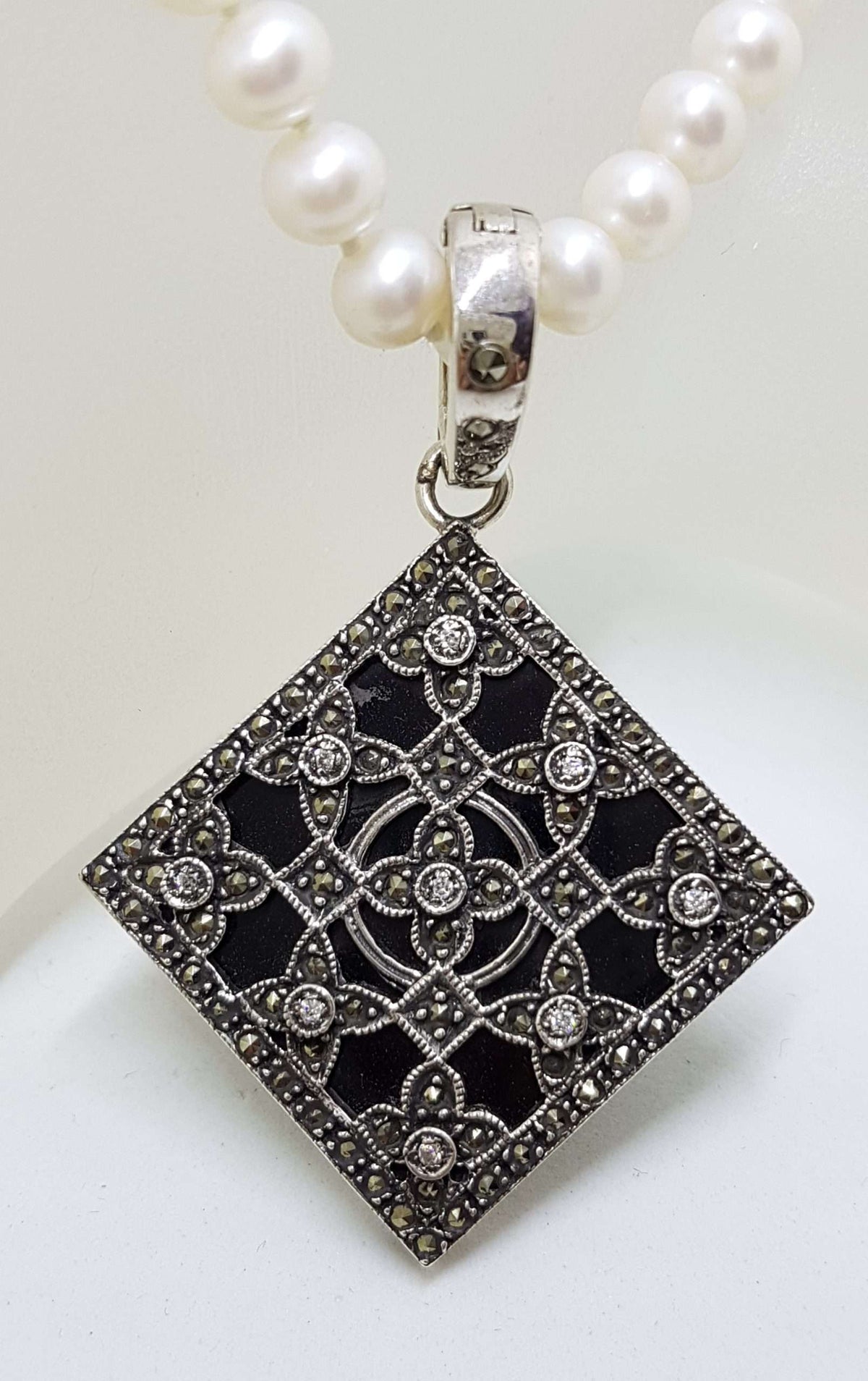 Sterling Silver Marcasite, Cubic Zirconia &amp; Onyx Large Ornate Square Enhancer Pendant on Pearl Chain