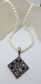 Sterling Silver Marcasite, Cubic Zirconia &amp; Onyx Large Ornate Square Enhancer Pendant on Pearl Chain