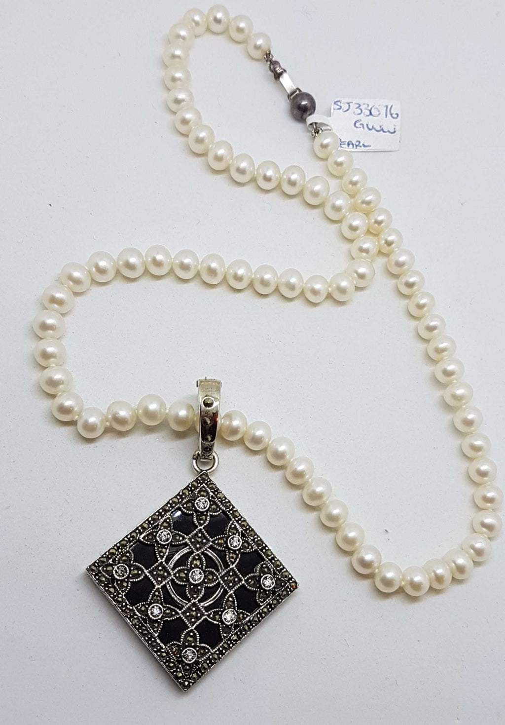 Sterling Silver Marcasite, Cubic Zirconia &amp; Onyx Large Ornate Square Enhancer Pendant on Pearl Chain