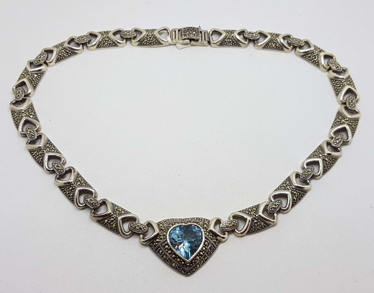 Sterling Silver Topaz and Marcasite Love Heart Collier Choker Necklace Chain