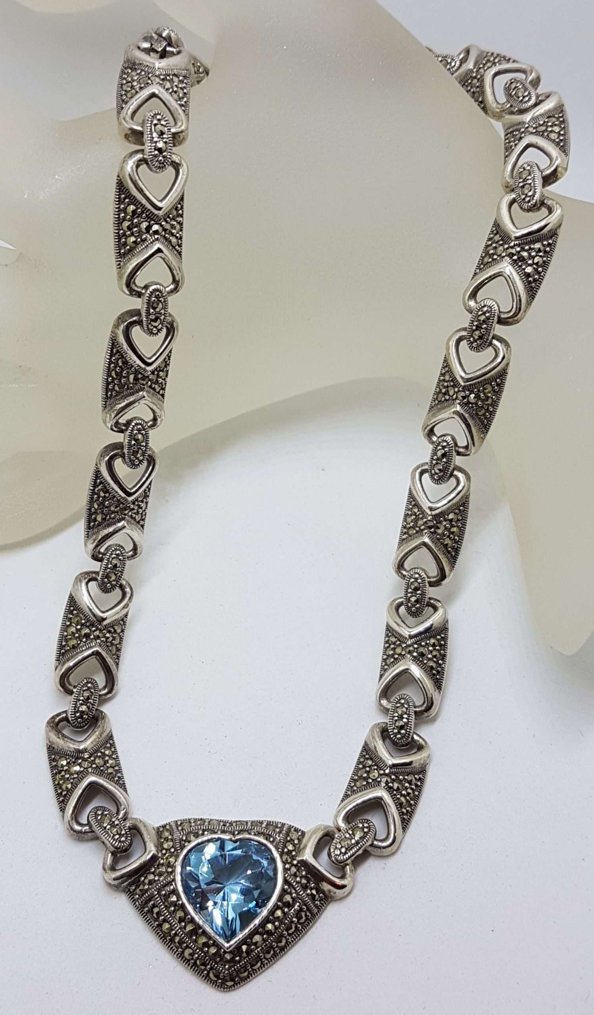 Sterling Silver Topaz and Marcasite Love Heart Collier Choker Necklace Chain