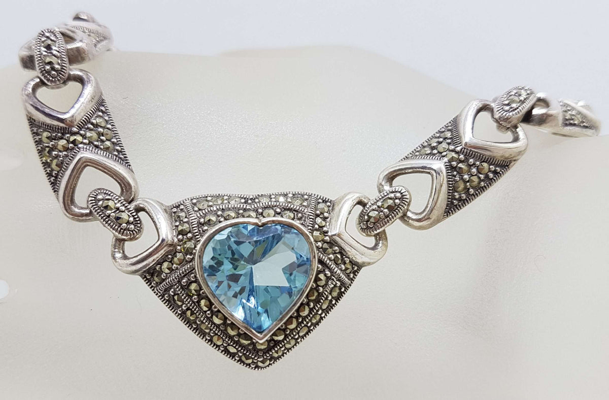 Sterling Silver Topaz and Marcasite Love Heart Collier Choker Necklace Chain