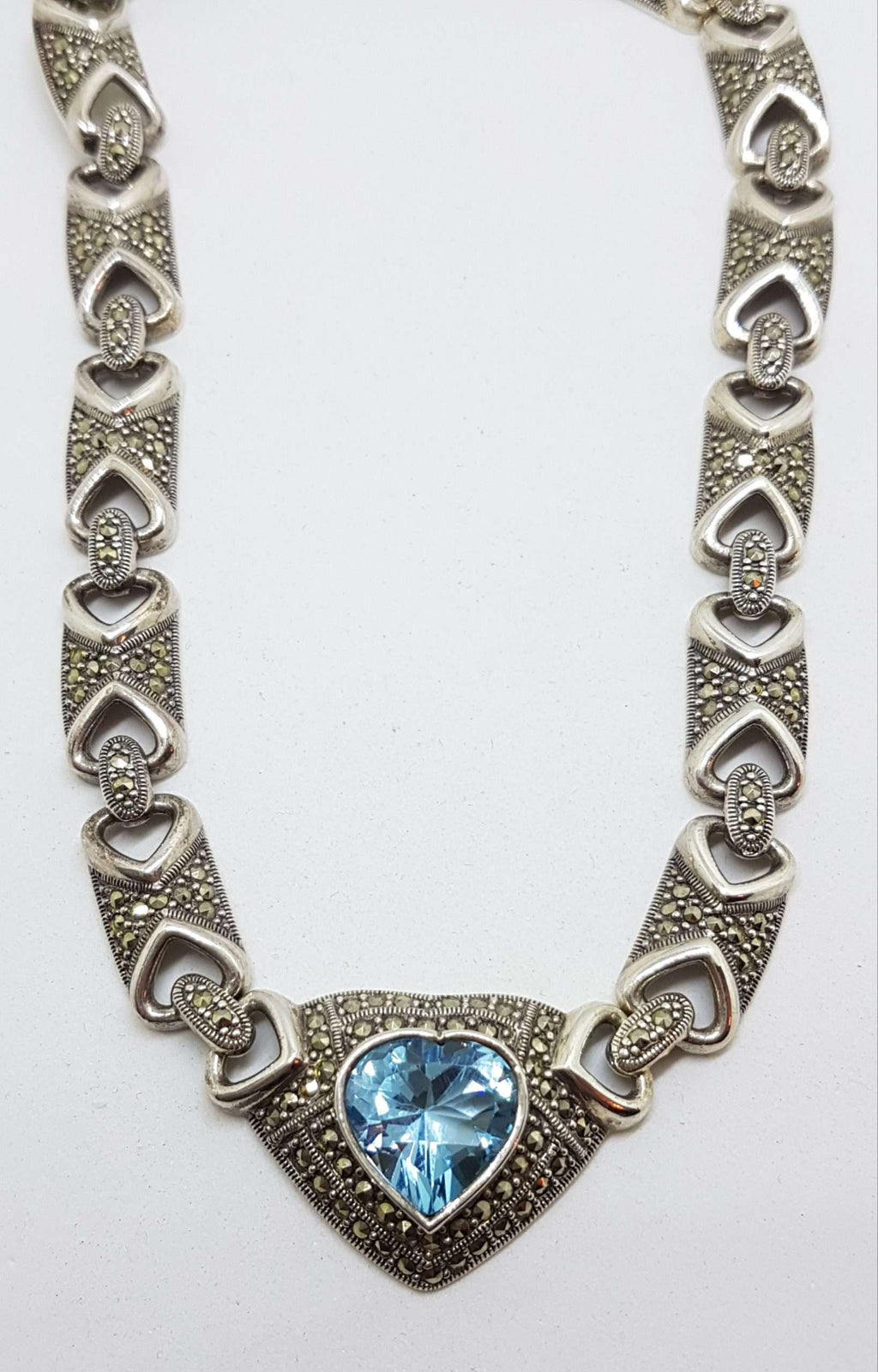Sterling Silver Topaz and Marcasite Love Heart Collier Choker Necklace Chain