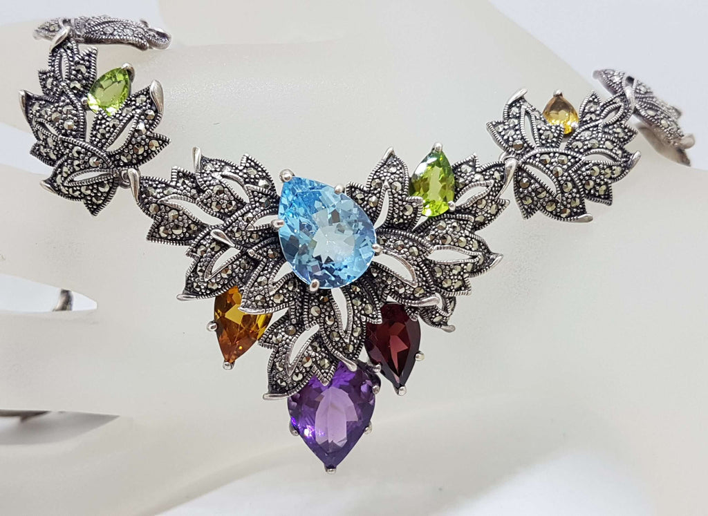 Sterling Silver Marcasite, Topaz, Amethyst, Garnet, Peridot and Citrine Ornate Leaf Collier Necklace / Chain